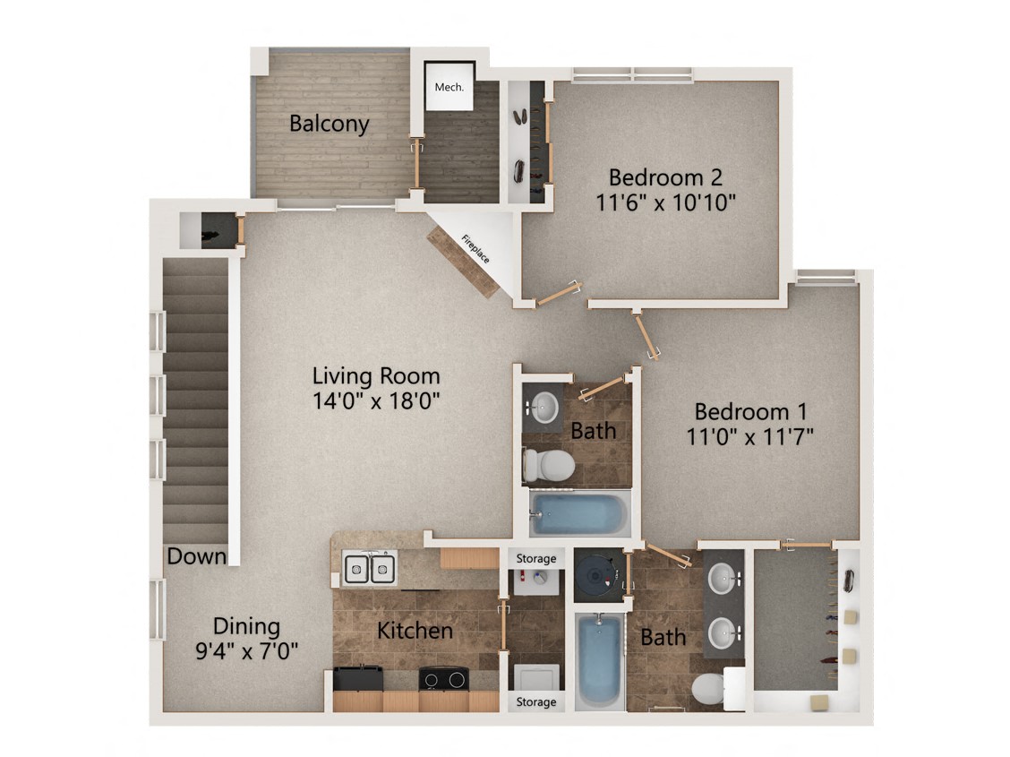 Floor plan for 2 beds, 2 baths, 1030 sqft